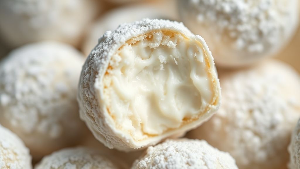 Close-up dos brigadeiros com textura aveludada e brilho, cobertos com leite em pó