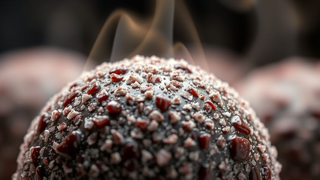 Close-up de um brigadeiro mostrando o brilho e textura cremosa da manteiga