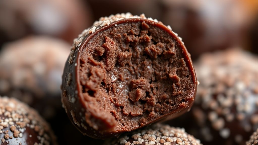 Close-up do brigadeiro pronto mostrando sua textura lisa e brilho no granulado