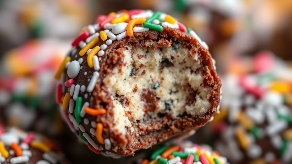 Close-up de um brigadeiro pronto em forminha, mostrando a textura e os confeitos coloridos.
