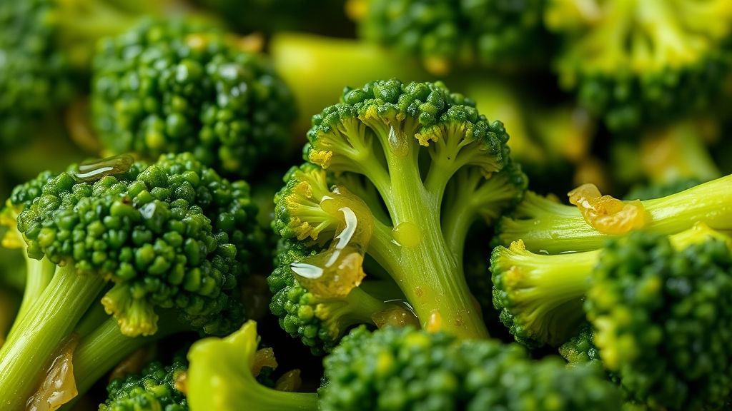 Close-up dos floretes de brócolis verdes e brilhantes com alho e gotas de azeite.