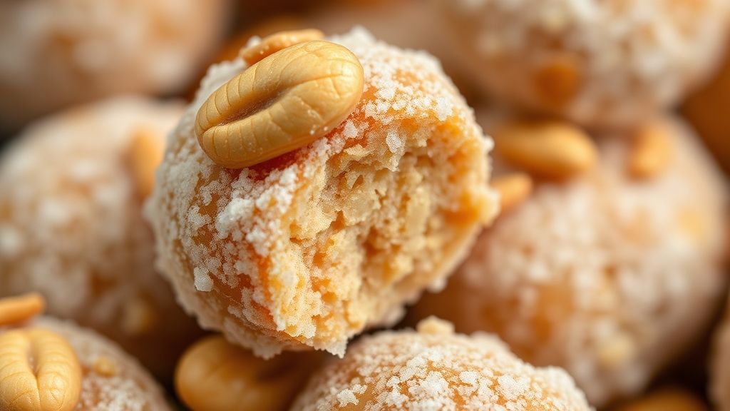Close-up mostrando a textura açucarada e o amendoim na ponta do doce, em forminha de papel.