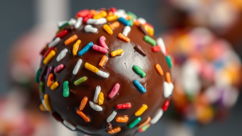 Close-up mostrando a textura do cake pop coberto com chocolate e confeitos coloridos