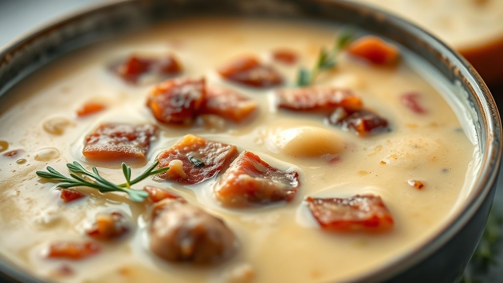 Close-up da textura cremosa do caldo, com pedaços de aipim e calabresa visíveis e vapor subindo