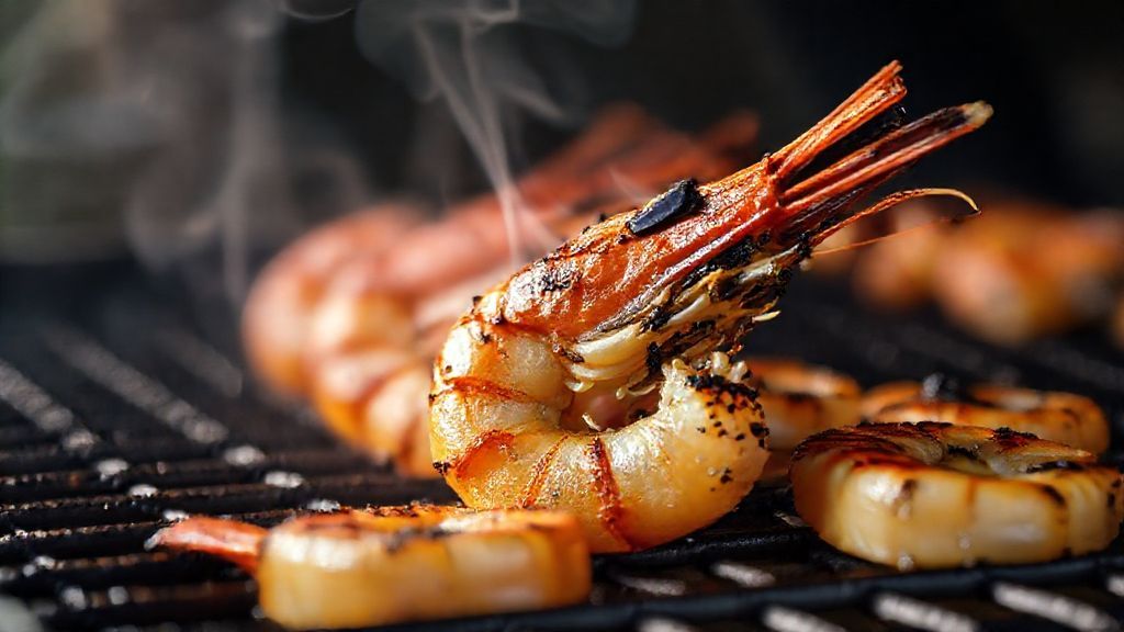 Close-up dos camarões dourados, mostrando a textura e o brilho apetitoso do tempero ao fogo