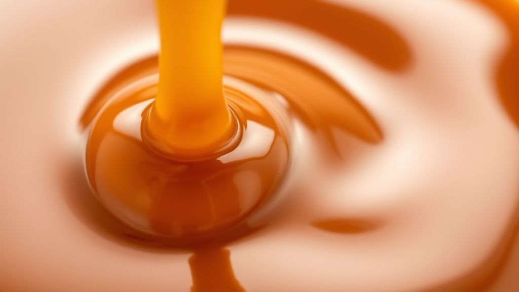 Close-up da textura lisa e brilho do caramelo dourado pronto em tigela de vidro