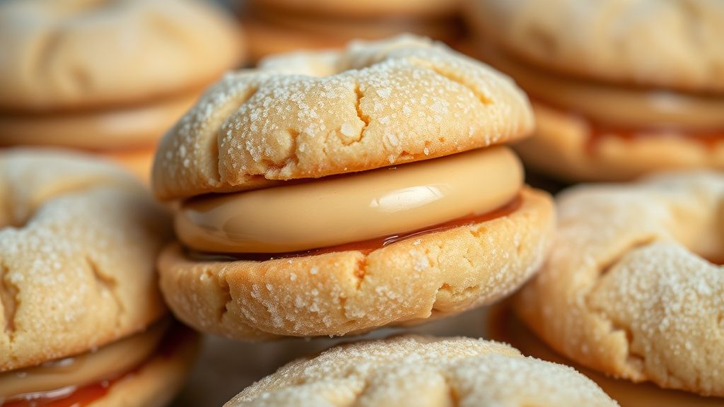 Close-up destacando o recheio de doce de leite e o açúcar polvilhado brilhando sobre o biscoito.