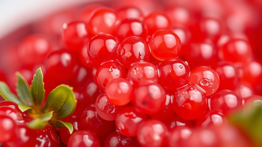 Close-up das esferas de morango prontos, destacando brilho, consistência e cor vibrante.