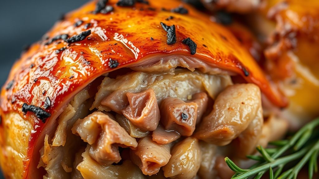 Close-up do chester assado fatiado, mostrando a textura dourada e a carne úmida no interior.