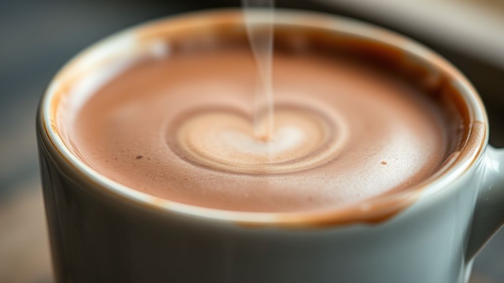 Close-up da superfície do chocolate quente mostrando a cremosidade, vapores subindo e raspas de chocolate derretendo.