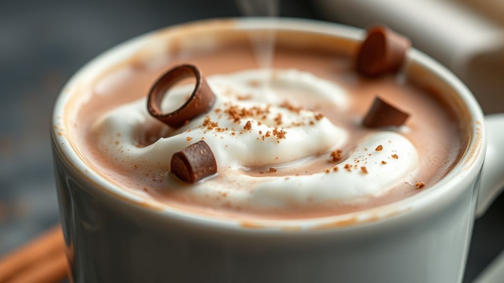 Close-up da bebida cremosa servida na caneca com raspas de chocolate derretendo