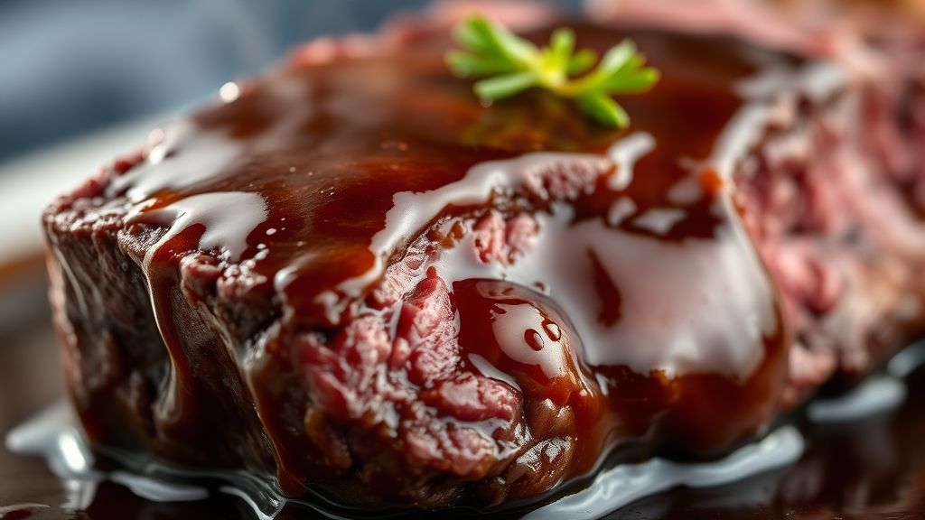 Close-up do prato pronto, destacando a textura da carne macia e o brilho do molho.