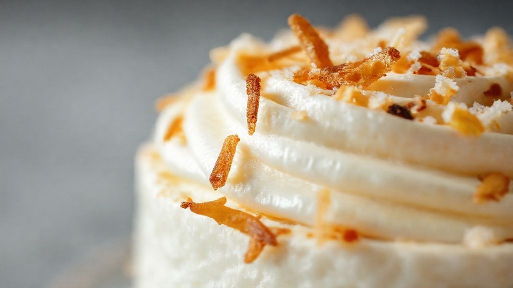 Close-up do cremosão pronto, com textura lisa e cobertura de coco dourado crocante