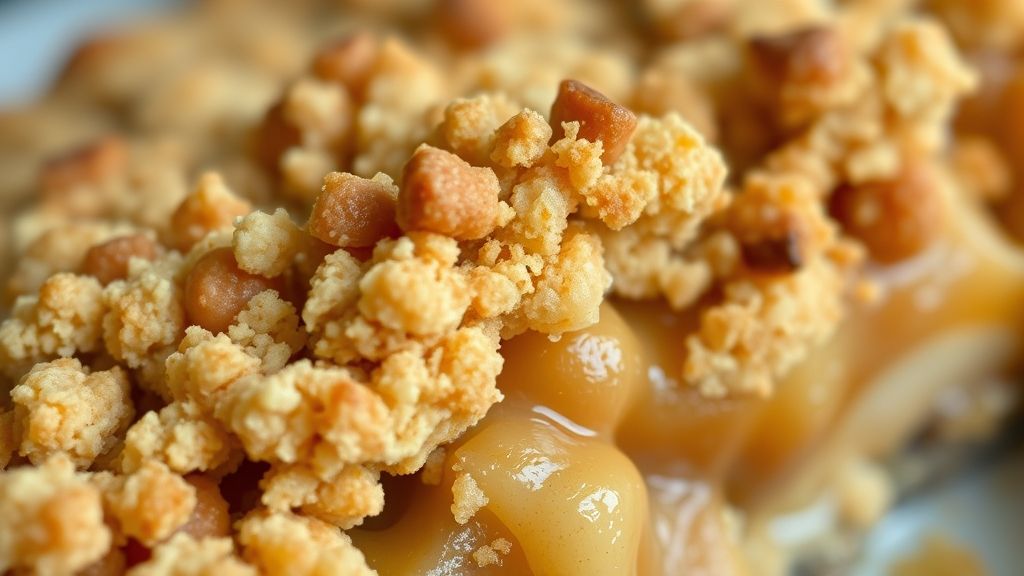 Close-up do crumble de maçã crocante mostrando o contraste entre a crosta dourada e o recheio suculento.