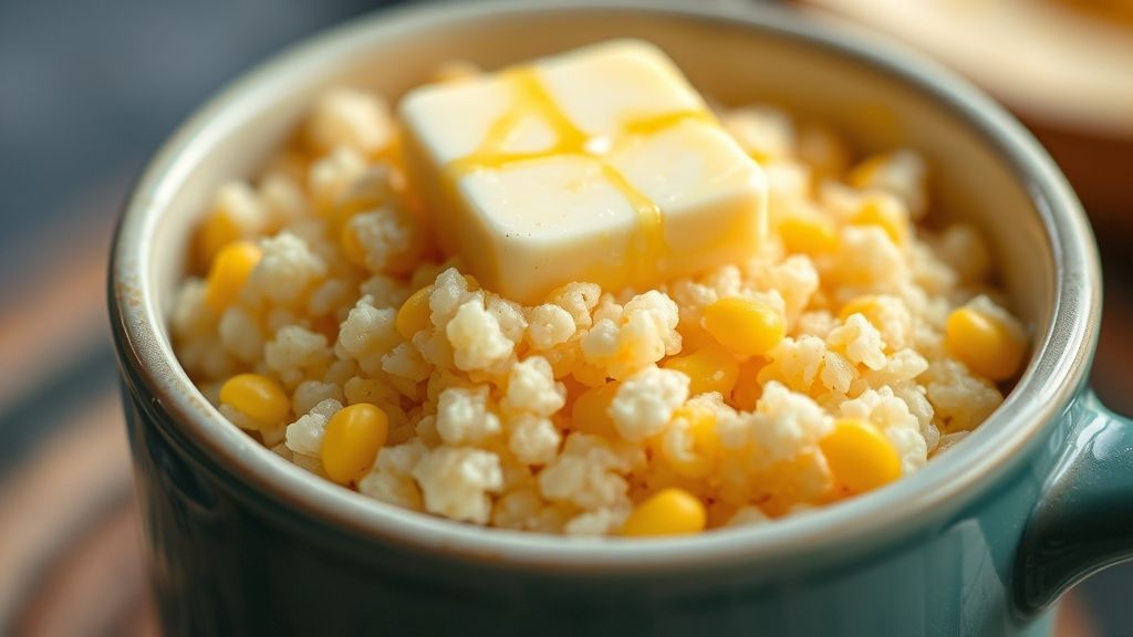 Close-up do cuscuz soltinho dentro da xícara, com manteiga derretendo por cima