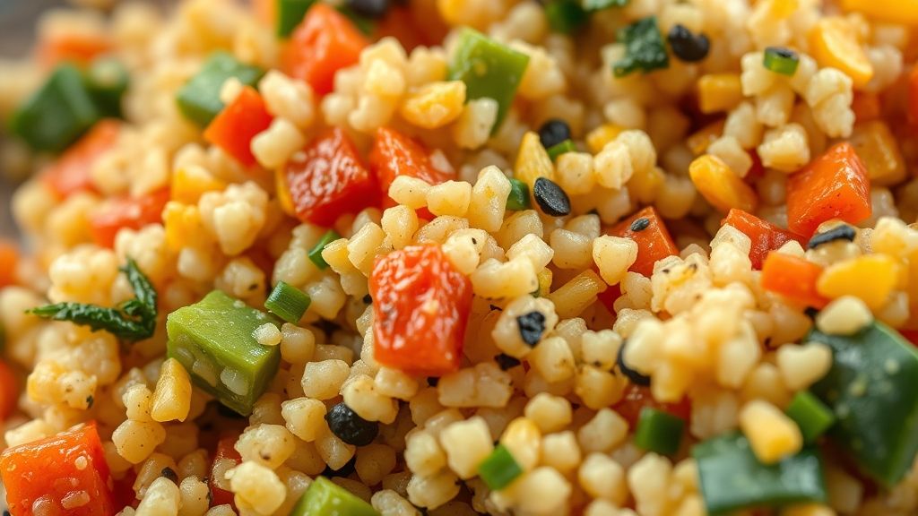 Close-up destacando a textura úmida e os legumes coloridos do cuscuz paulista pronto
