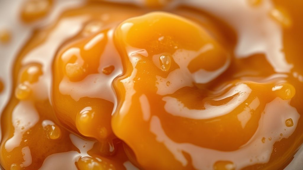 Close-up do doce de banana pronto em potinho de vidro, mostrando a textura brilhante e cremosa