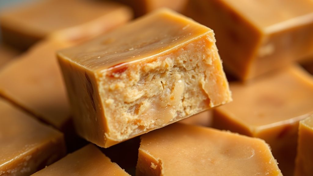 Close-up mostrando corte firme e textura úmida do doce dourado de banana pronto para servir