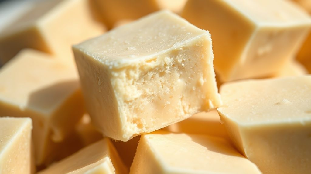 Close-up de uma bolinha de doce de leite ninho cortada ao meio mostrando sua textura cremosa