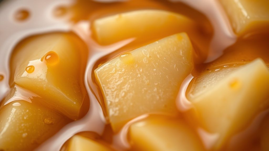 Close-up do doce de pera pronto em potes de vidro com calda espessa e pedaços visíveis