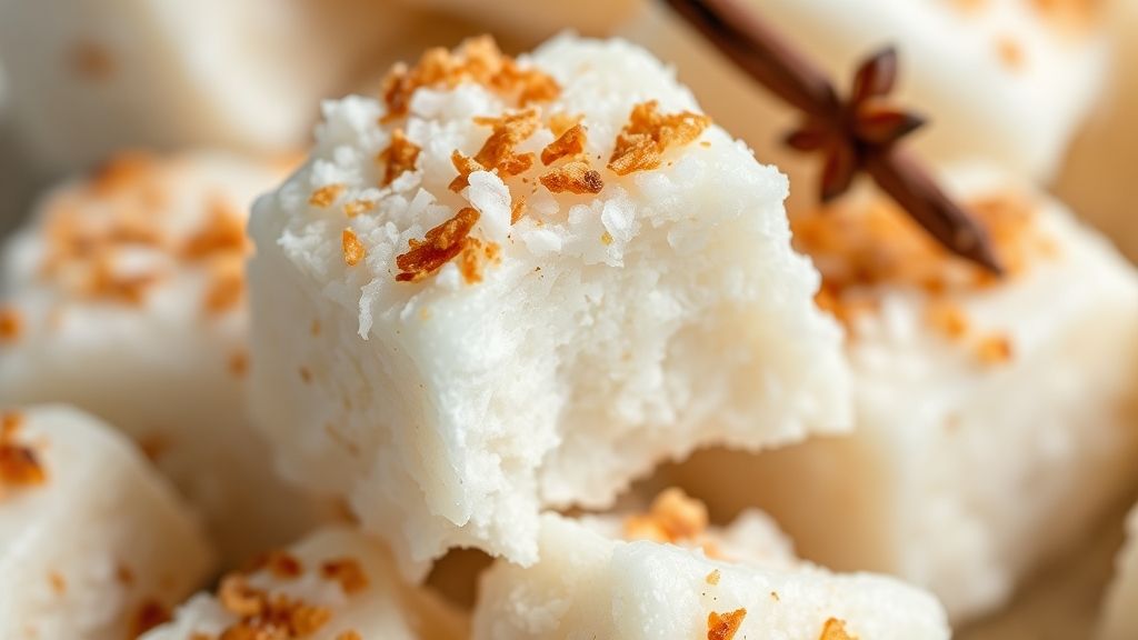 Close-up dos docinhos de coco enrolados, com coco ralado cobrindo e cravinho no topo.