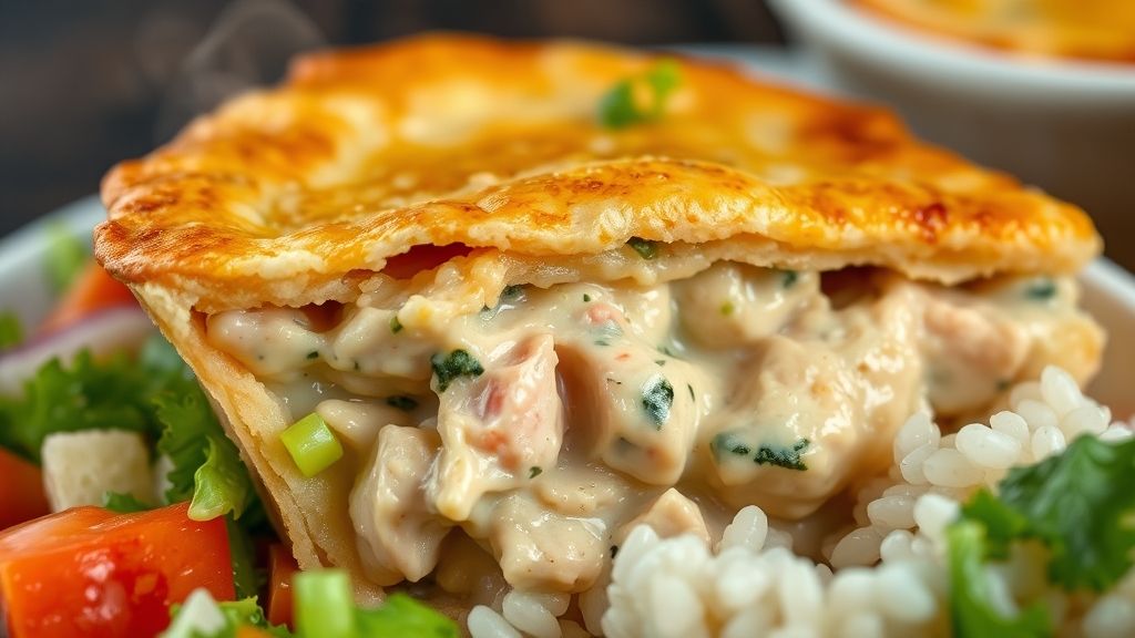 Close-up do empadão fatiado servido em prato com salada e arroz ao lado, destacando a textura crocante da massa.