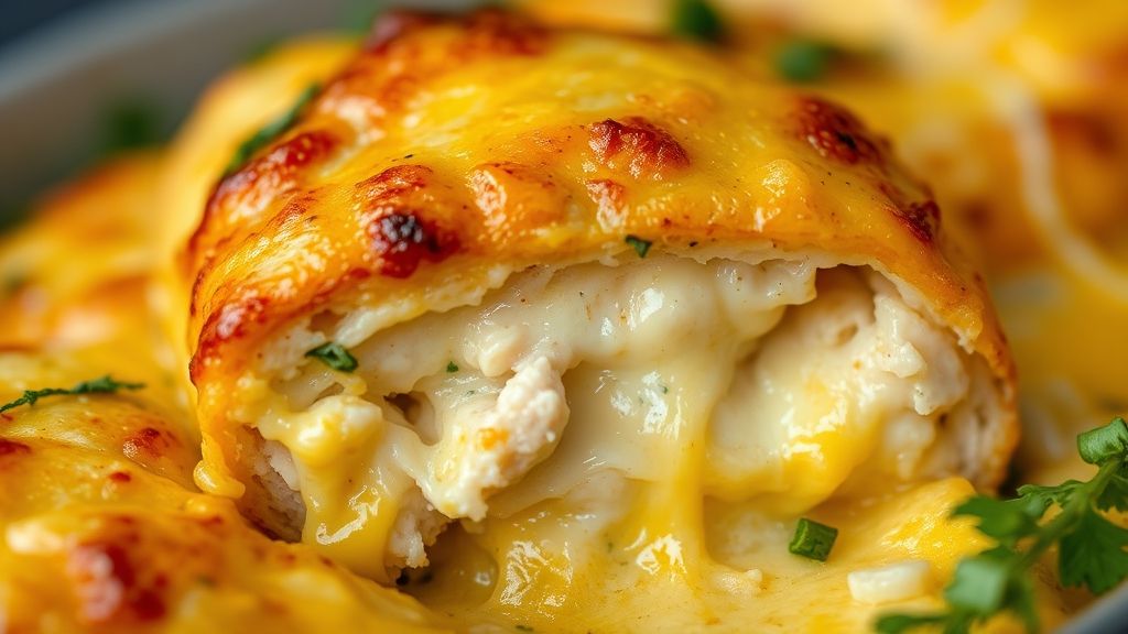 Close-up do escondidinho de frango mostrando o queijo gratinado borbulhante e o recheio cremoso