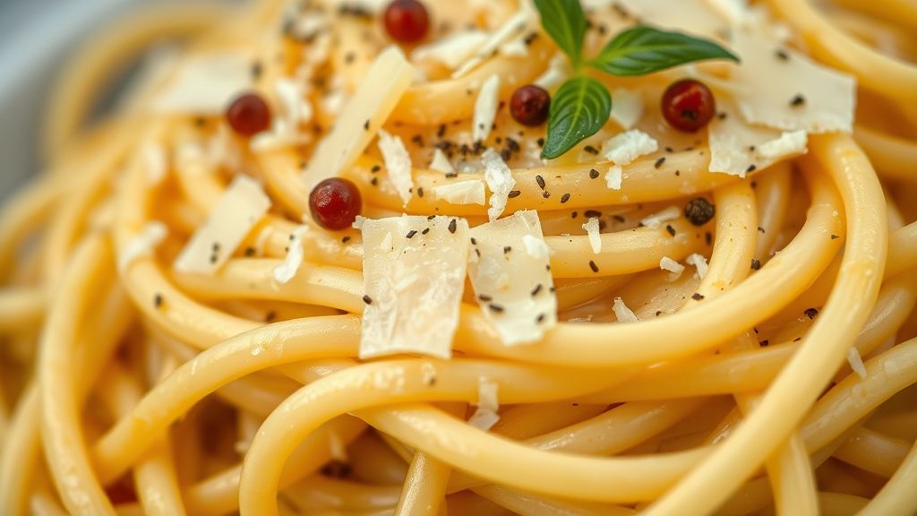 Close-up do espaguete cremoso com fios de queijo derretido e pimenta preta salpicada no topo.