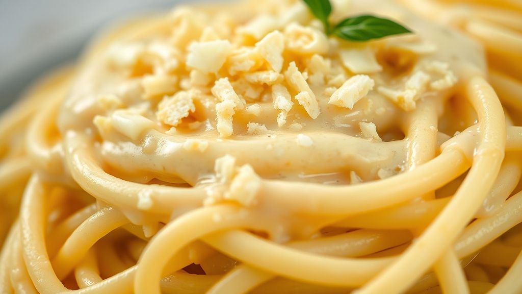 Close-up da massa cremosa com fios de espaguete envoltos no molho e lascas de parmesão por cima.