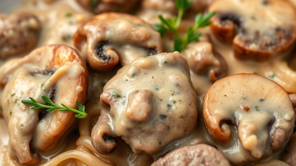 Close-up do estrogonofe de carne cremoso mostrando os pedaços de carne e cogumelos envoltos no molho brilhante