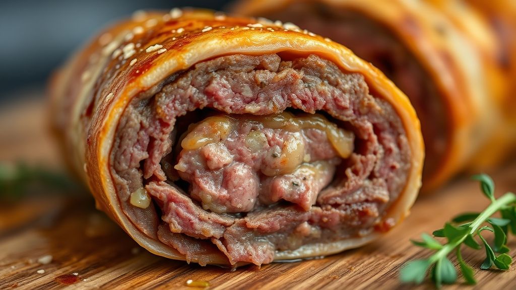 Close-up mostrando a textura suculenta da carne e o recheio farto e dourado do falso lombo fatiado