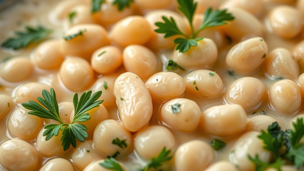 Close-up do feijão branco finalizado com caldo cremoso e ervas frescas, destacando a textura macia dos grãos