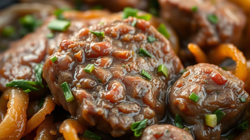 Close-up do fígado pronto na frigideira com cebolas douradas e cheiro-verde fresco