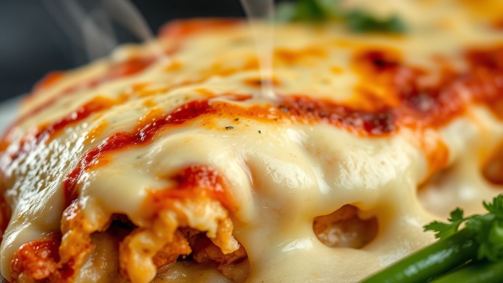 Close-up mostrando o queijo derretido e o molho encorpado sobre o filé gratinado