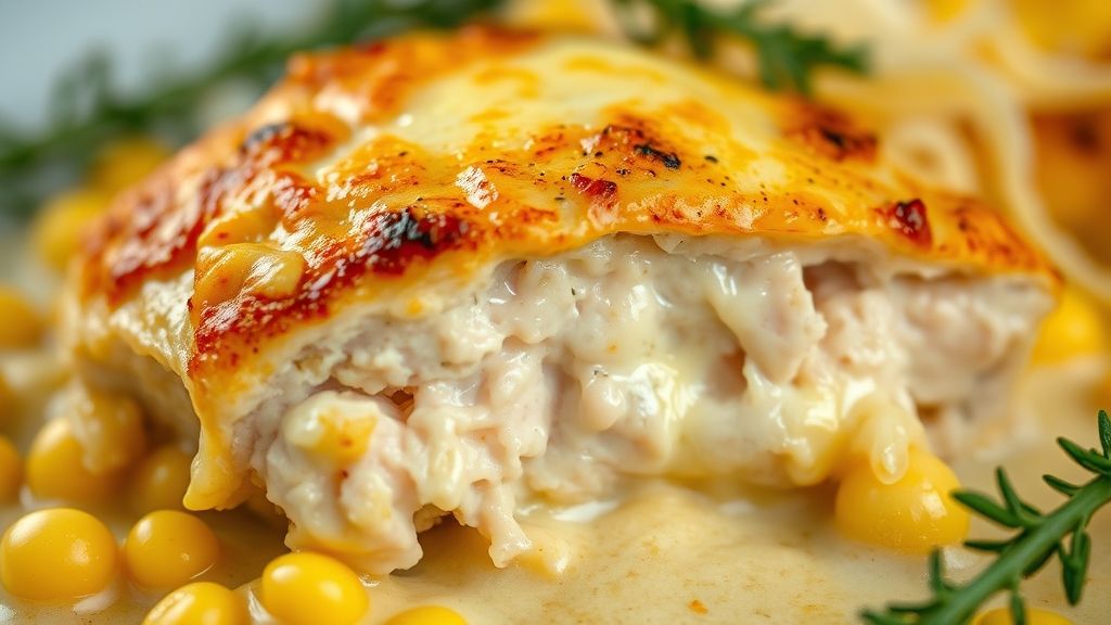 Close-up do prato final com creme cremoso e queijo gratinado dourado