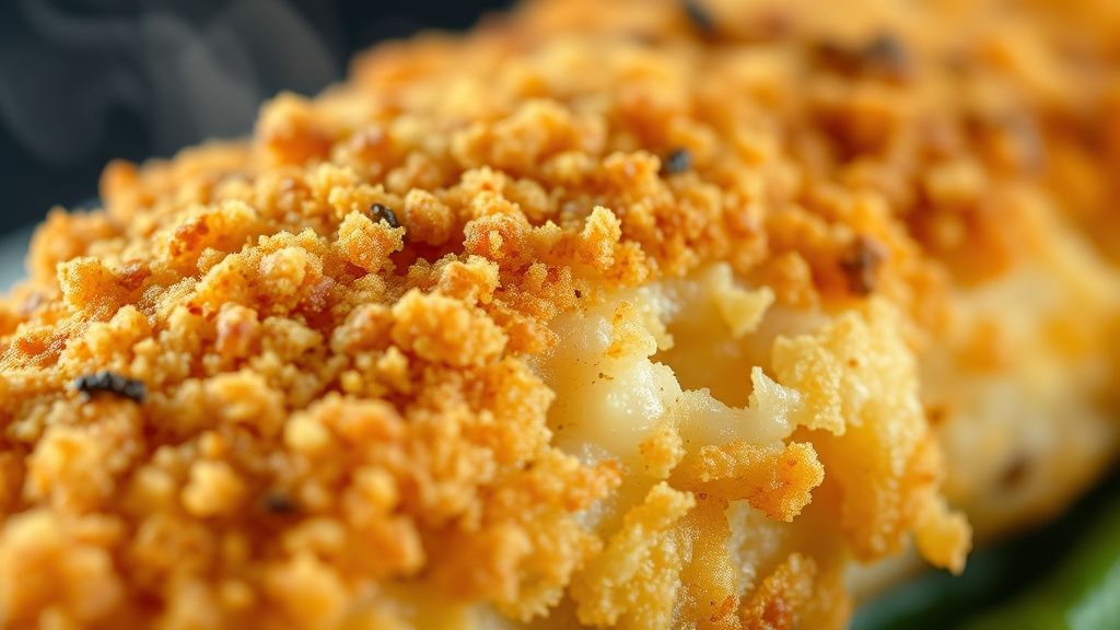 Close-up do filé de peixe dourado com casquinha crocante e interior suculento, servido quente.