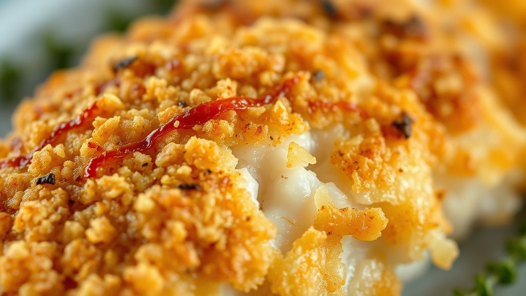 Close-up mostrando a textura crocante e dourada do filé de tilápia pronto