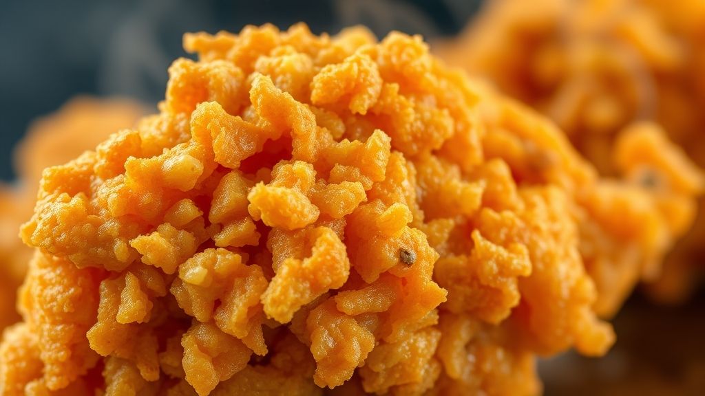 Close-up mostrando a textura crocante e dourada do frango pronto com alho frito por cima