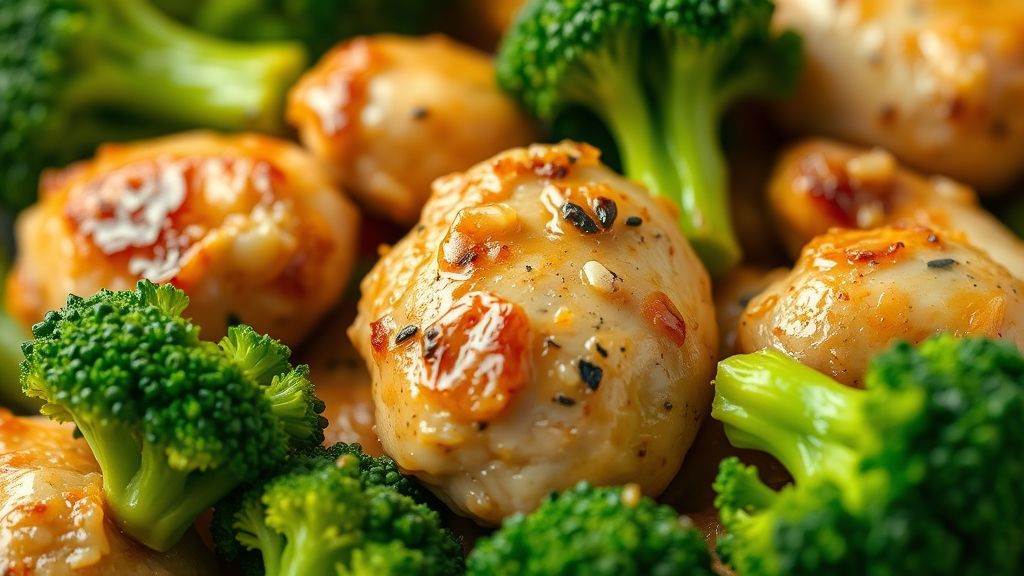 Close-up mostrando textura dourada do frango e o brilho dos brócolis verdes frescos.