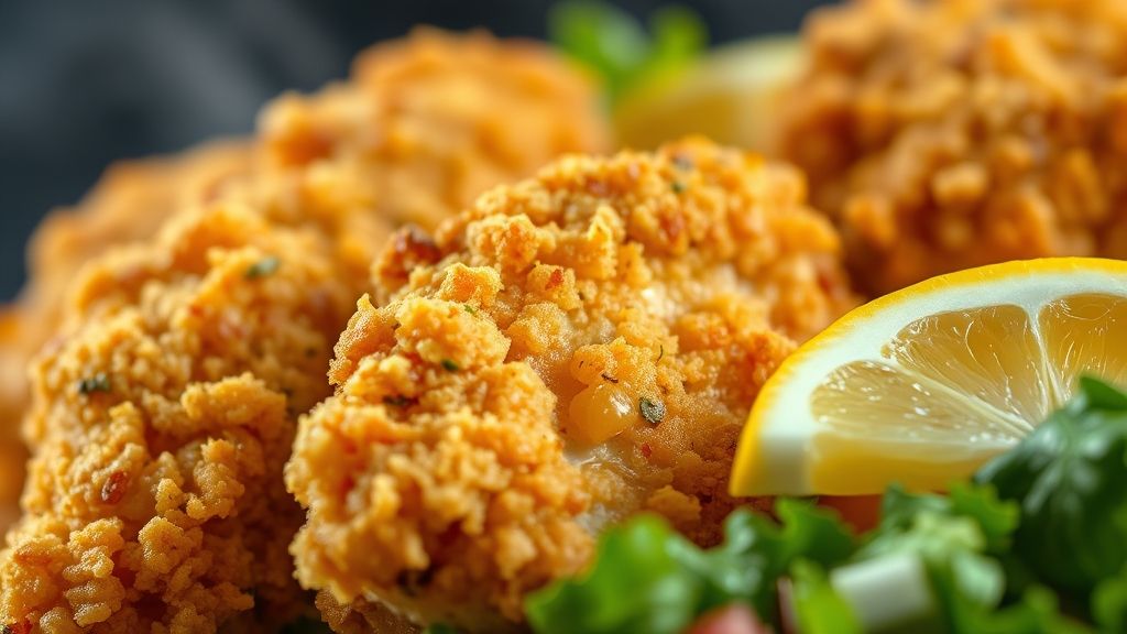 Close-up do frango empanado crocante servido com limão e salada