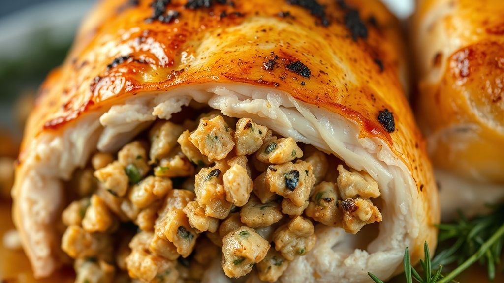 Close-up mostrando a pele crocante e o recheio úmido ao cortar o frango pronto