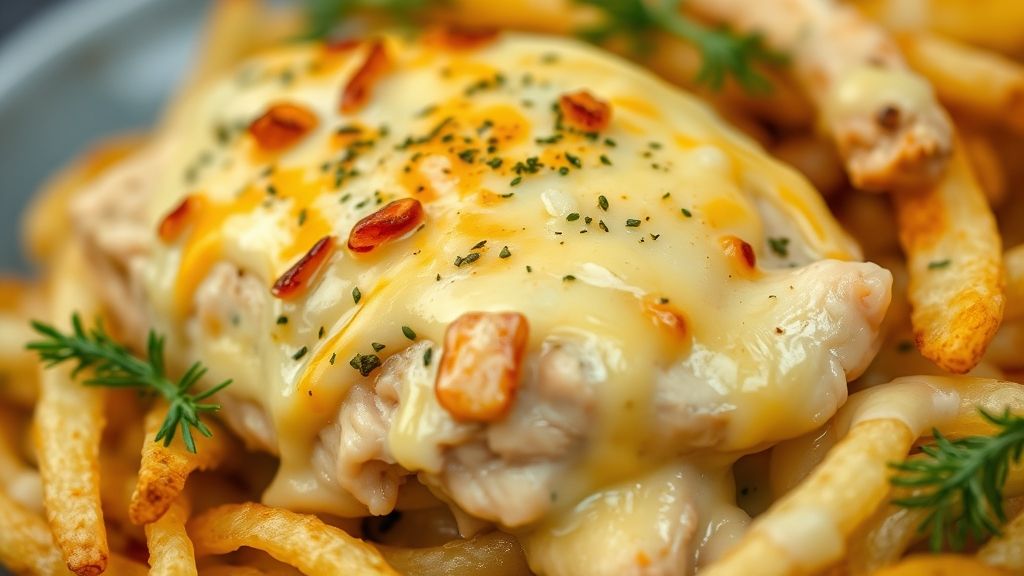 Close-up do fricassê pronto com queijo derretido e batata palha crocante por cima