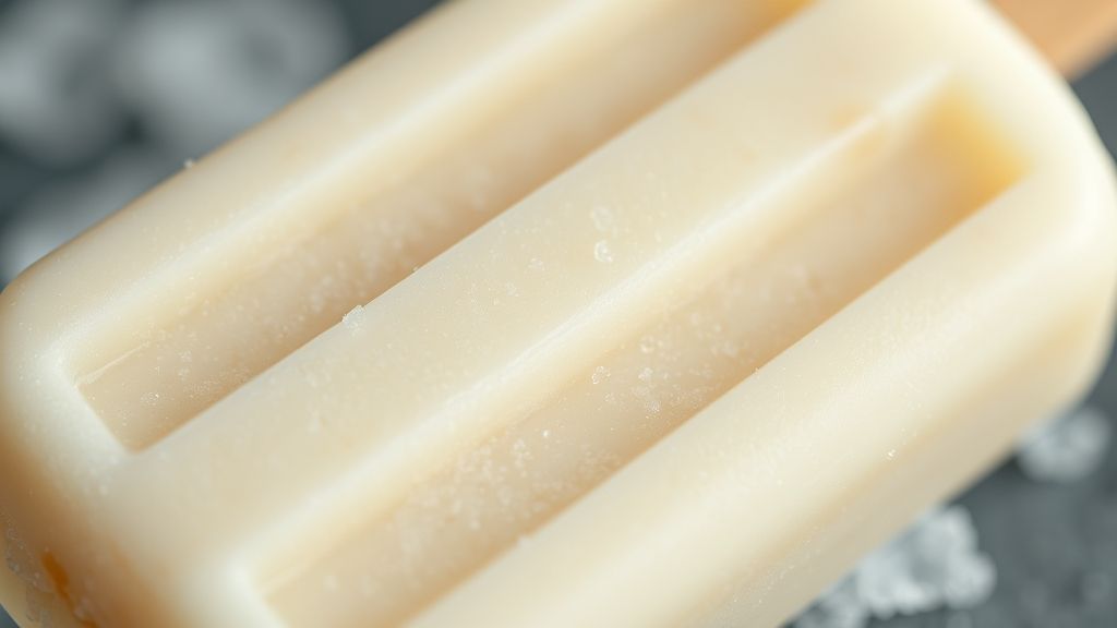 Close-up do geladinho pronto, mostrando textura cremosa e gotículas de gelo na superfície