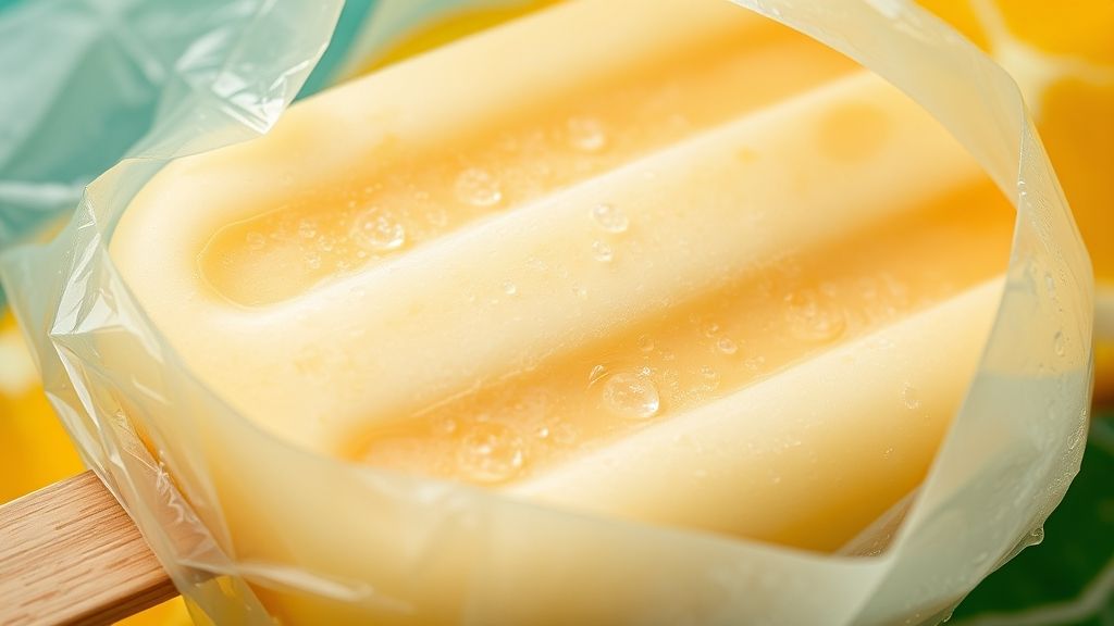 Close-up de um geladinho partido ao meio, mostrando textura cremosa e cor vibrante