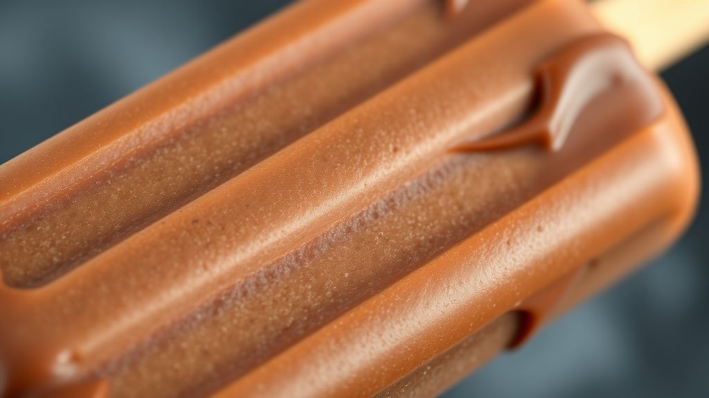 Close-up mostrando o geladinho de chocolate cortado, evidenciando a textura cremosa e brilho do chocolate