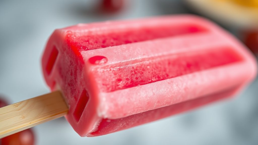 Close-up mostrando a textura cremosa e o tom vibrante do geladinho congelado cortado ao meio.