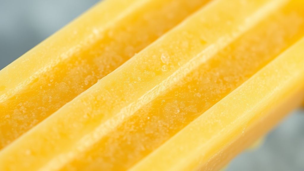 Close-up do geladinho cortado, mostrando a textura cremosa e cor intensa da manga