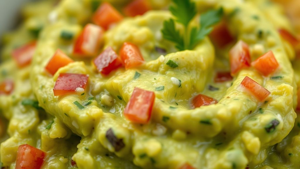 Close-up do guacamole pronto, mostrando a textura cremosa e os pedaços de tomate e coentro frescos