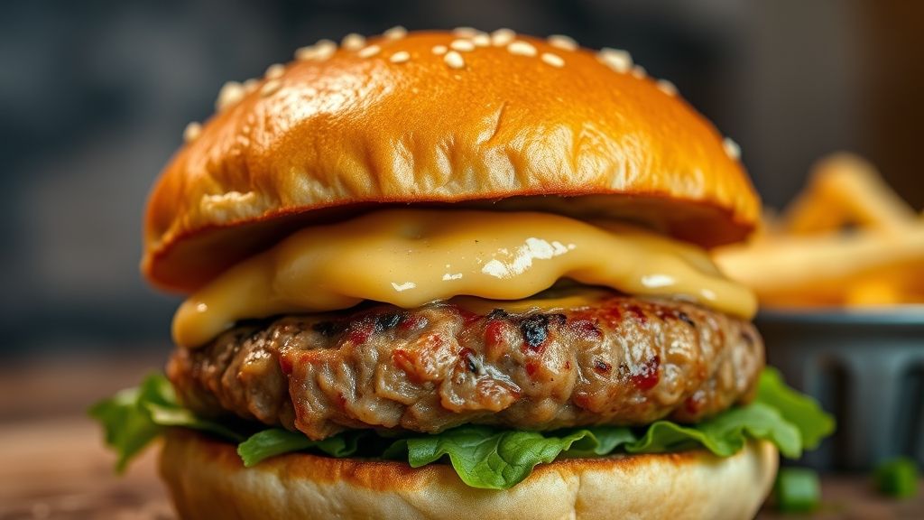 Close-up do hambúrguer mostrando textura dourada e sucos brilhando sobre a carne