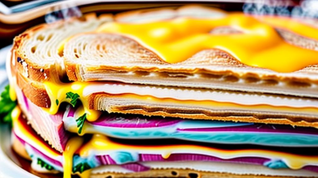 Close-up do lanche de forno cremoso cortado, mostrando o queijo derretido e as camadas do pão e presunto